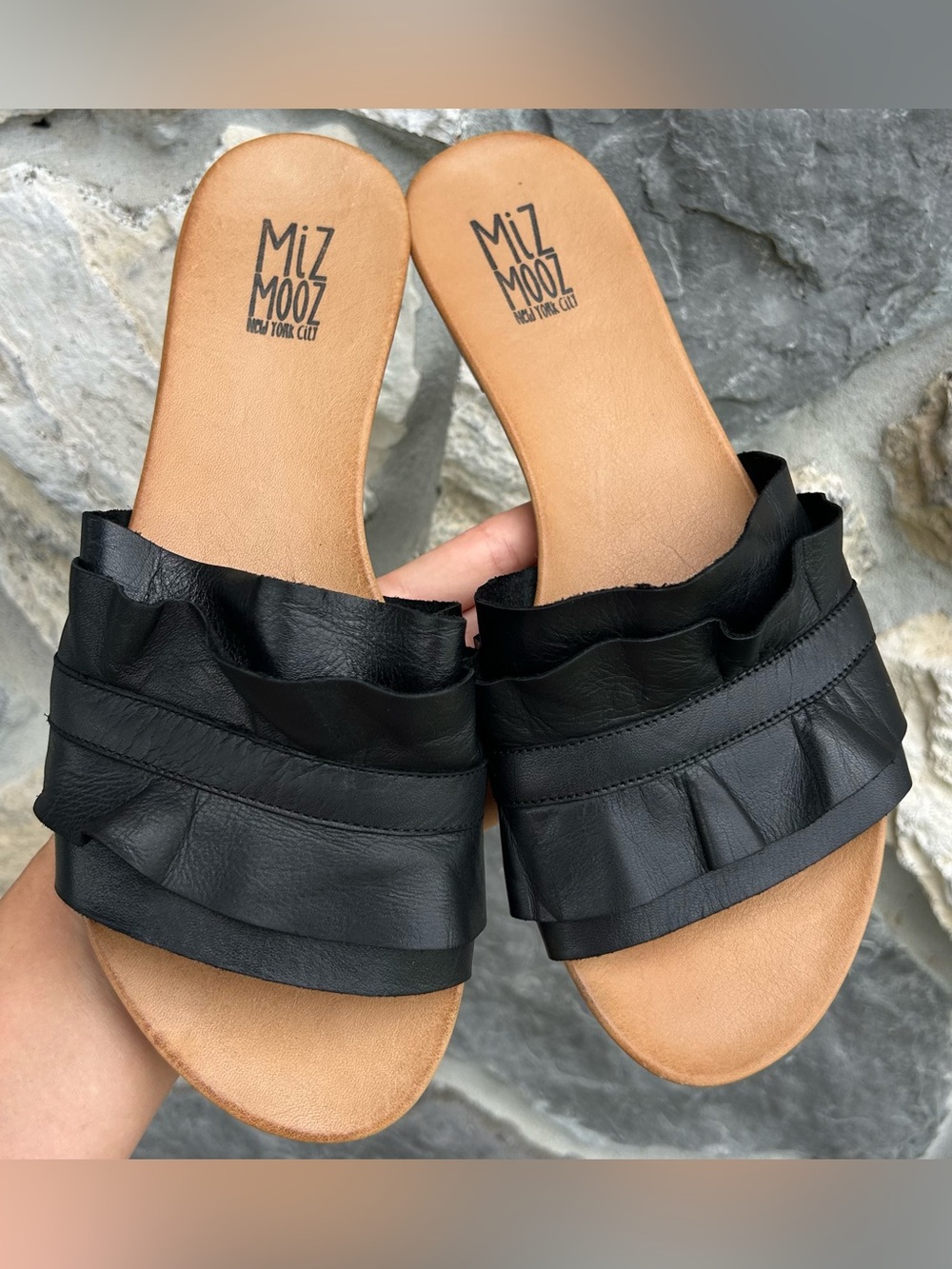 Miz Mooz Alena Slide Sandals Size 41/9.5-10 Black Leather Ruffle Boho Minimalist